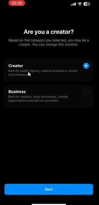 Instagram pregunta si sos creador o empresa