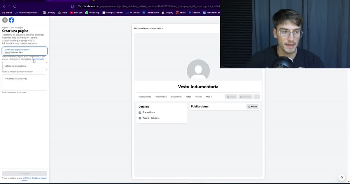 Pantalla de creación de una página de Facebook