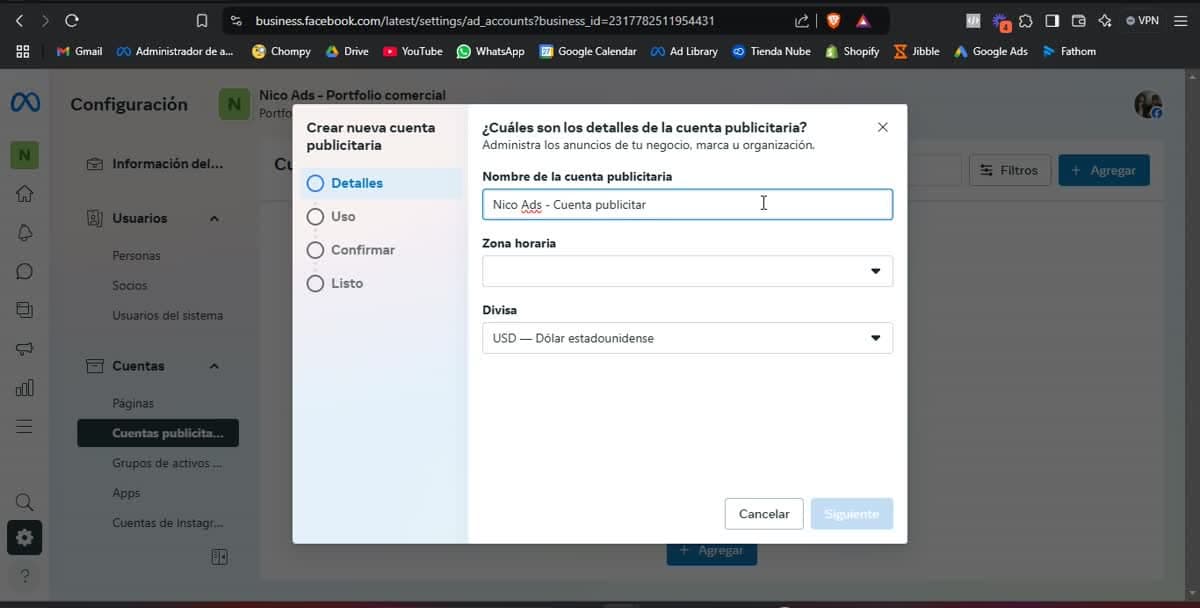 Crear nueva cuenta publicitaria con zona horaria y divisa