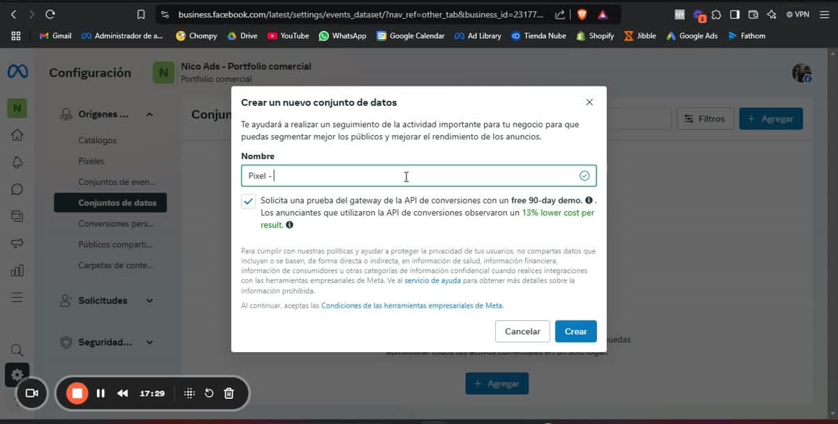 Crear un nuevo conjunto de datos en Meta