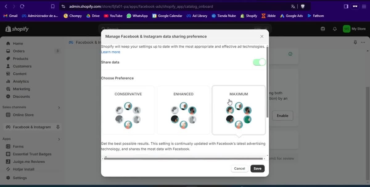 Nivel de intercambio de datos en Shopify: Maximum