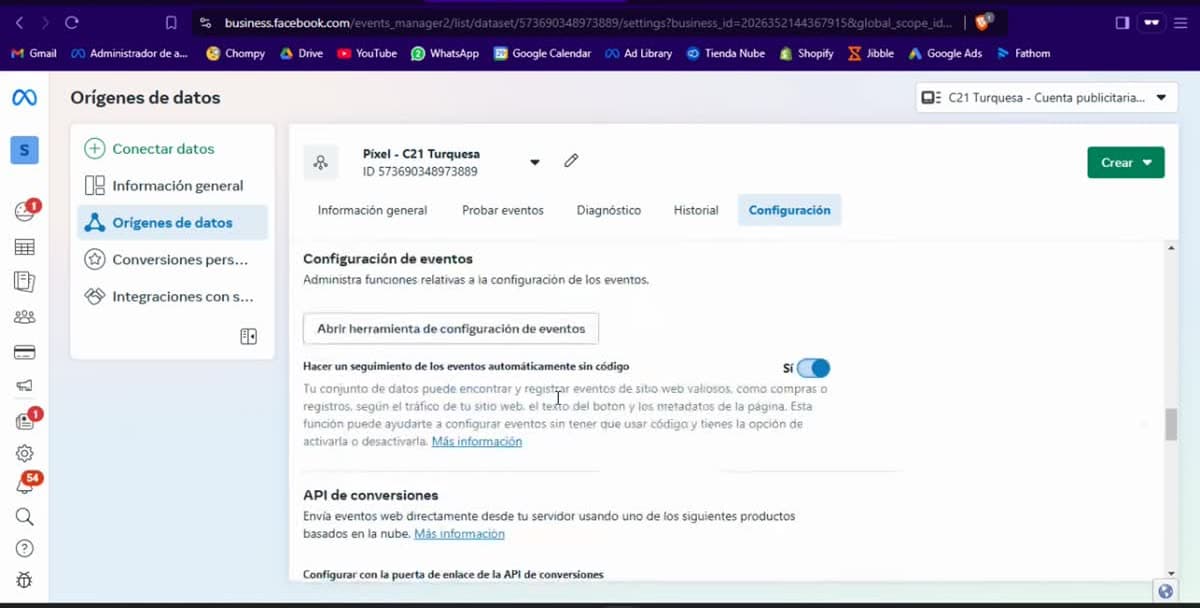 Configuración del conjunto de datos con los interruptores de eventos