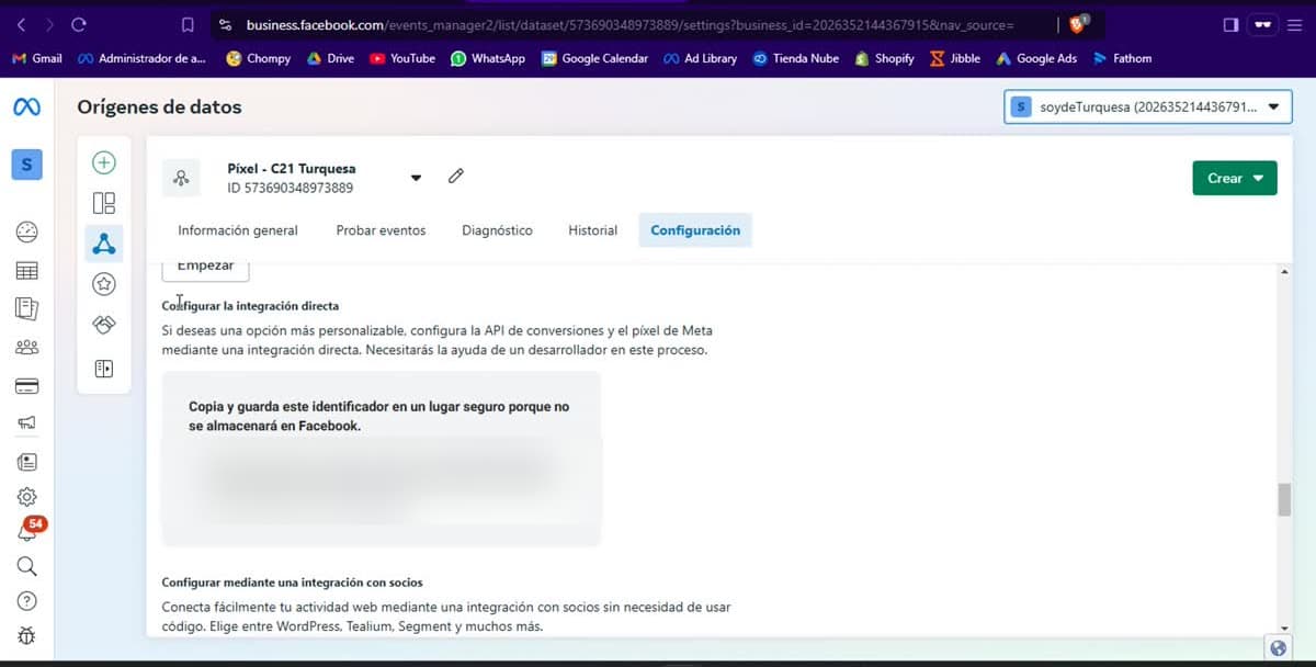 Token de la API de Conversiones en la configuración del píxel